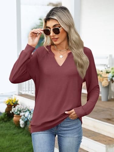 GKBK Womens Sweatshirts Long Sleeve V Neck Tops Fall Winter Basic Casual Lightweight Pullover Shirt Wine - Thumbnail 2