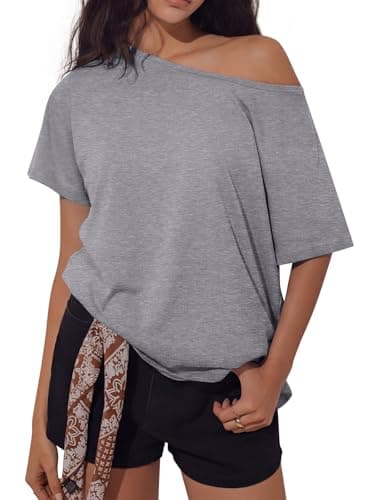 REORIA Women's Off The Shoulder Oversized T Shirts Short Sleeve 2026 Summer Basic Tees for Going Out Loose Fit Casual Daily Wear Light Grey X-Large - Image 1