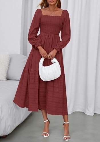 BTFBM Women Maxi Spring Dresses 2026 Long Sleeve Solid Color Square Neck Smocked Boho Long Wedding Guest Dress(Brown Red,XX-Large) - Thumbnail 3