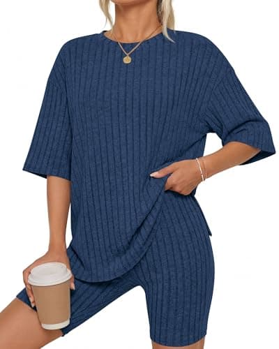 KIRUNDO Short Sets For Women Summer 2 Piece Matching Lounge Sets Casual Rib Knit Tshirts Biker Shorts Beach Vacation Outfits (Blue, XX-Large) - Image 1