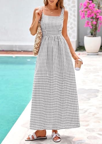 PRETTYGARDEN Women's 2026 Summer Spaghetti Strap Maxi Dresses Plaid Square Neck A Line Casual Beach Vacation Long Sundress (Grey,X-Large) - Thumbnail 5