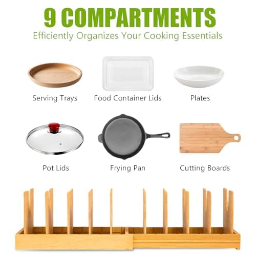 VKDDM Pots and Pans Organizer for under Cabinet - Expandable Bamboo Pot Lid Organizer, Bakeware and Cutting Board Organizers, Drawer Pot Lid Holder Rack for Kitchen Organizers and Storage - Thumbnail 4