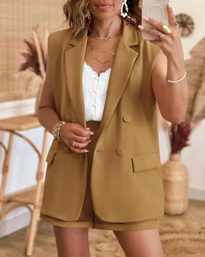KIRUNDO 2 Piece Outfits for Women Double Breasted Open Front Sleeveless Blazer and Shorts Suit Set Business Casual Summer Sets Spring Fashion Clothing(Brown Yellow, Small) - Thumbnail 4