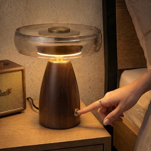 SEHNLICH Aesthetic Table Lamp for Living Room, Bedroom, Bedside, Nightstand Lamp with Wood Base, Stained Glass Shade, 3 Color Temperature, Vintage Retro Mushroom Mid Century Modern Lamp, Desk Decor - Image 1