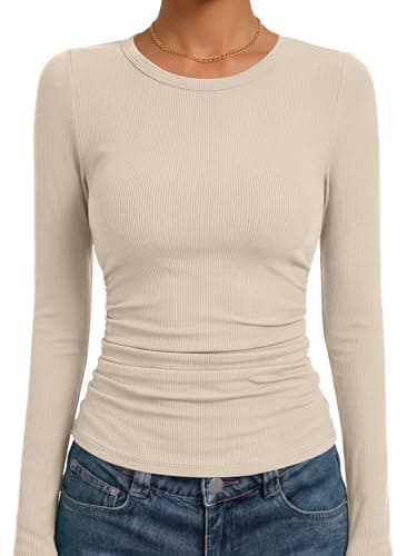 ANRABESS Women's Long Sleeve Ruched Tops, Beige, L