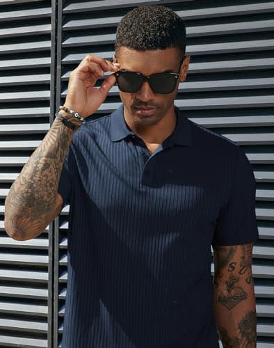 PJ PAUL JONES Mens Short Sleeve Dark Blue Polo Shirts Knit Golf Pullover Polo Neck Casual T Shirts Dark Blue XL - Thumbnail 2