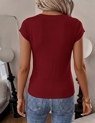 LaGracia Short Sleeve Sweater for Women V Neck Wool Blend Cashmere Cropped Sweaters Business Casual Cap Sleeve Sweater Tops Summer Trendy Outfits Dark Red S - Thumbnail 3