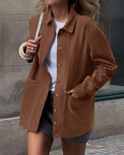 BTFBM Faux Suede Jacket Women Fall Fashion 2026 Leather Jackets Long Sleeve Button Down Winter Coats Shackets Outerwear(Brown, XX-Large) - Thumbnail 2