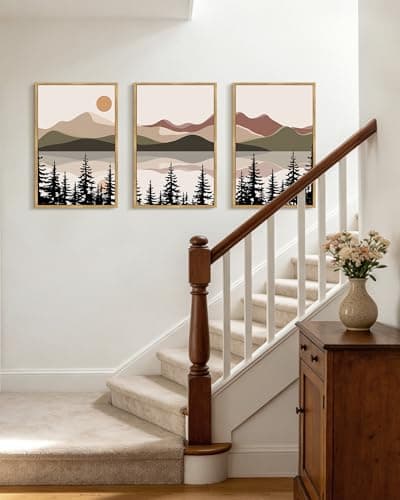 KUVIOKE Watercolor Mountain Landscape Framed Wall Art Laker Tree Boho Nature Artwork Painting Bohemain Farmhouse Rustic Home Decor 16x24in (Natural Framed) - Thumbnail 5