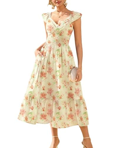 GRACE KARIN Women's Summer Floral Maxi Dress 2026 Ruffle Sleeve Smocked Sundress Flowy Wedding Guest Long Dresses Yellow Floral L - Image 1