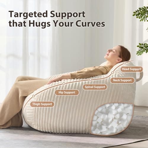 HUGHEAVEN Giant Bean Bag Chair for Adults & Kids, Comfy Big Bean Bag Couch with Armrests, Cozy Large Reading Chair with Back Support, Oversized Sofa for Bedroom, Living Room or Lounge, Beige - Thumbnail 5
