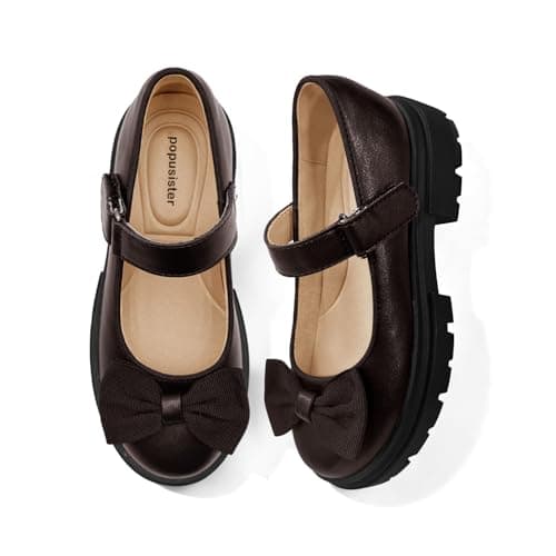 Popusister Girls School Uniform Brown Mary Janes, Comfortable Toddler Dress Shoes with Memory Foam Insole, Lightweight Anti-Slip Little Kid Flats with Hook and Loop Strap for Daily Wear - Image 1
