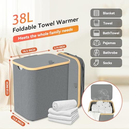 cocozywarm Towel Warmer & Laundry Basket 2-in-1, Foldable Towel Warmer for Bathroom with Removable Heating Bag, 20/40/60Mins Fast Heating, Auto Shut-Off, Fits 3 Large Towels Blankets, Ideal Xmas Gift - Thumbnail 3