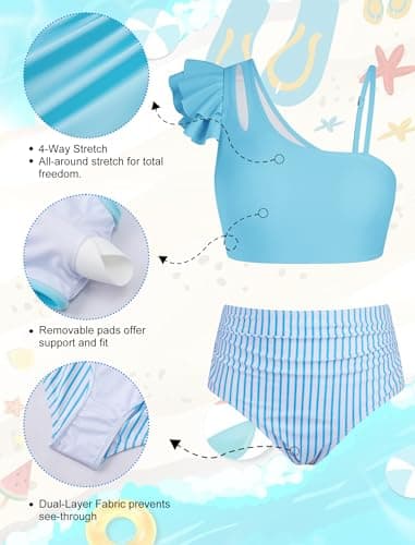 Seanrui Girls Swimsuits Size 10-12 Bikini Swimwear for Teens Kids Little Girls Bathing Suit with Swim Shorts Blue Stripes - Thumbnail 6