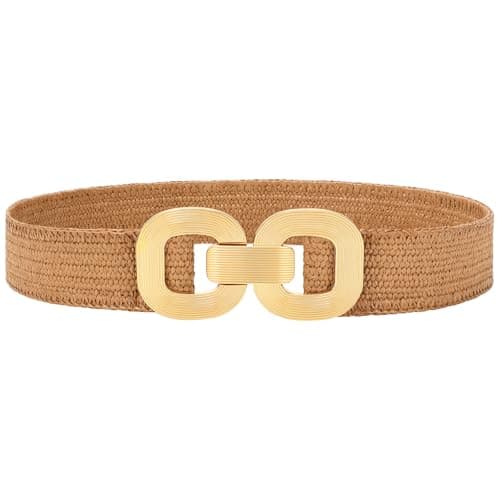 WHIPPY Straw Woven Elastic Belt for Women Boho Stretch Waistband with Gold Buckle Braid Belts for Dress, Brown, XXL - Image 1