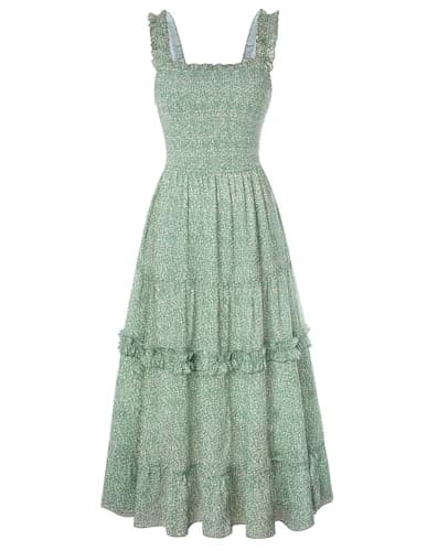 Women's Summer Floral Maxi Dress Easter Ruffle Flowy Boho Beach Dresses Green M - Image 1