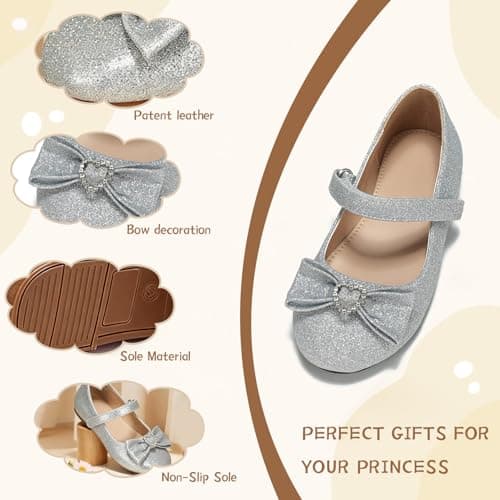 BOGELOO Toddler Girls Flats Mary Jane Flower Girls Dress Shoes School Wedding Party Shoes(Silver,9) - Thumbnail 5