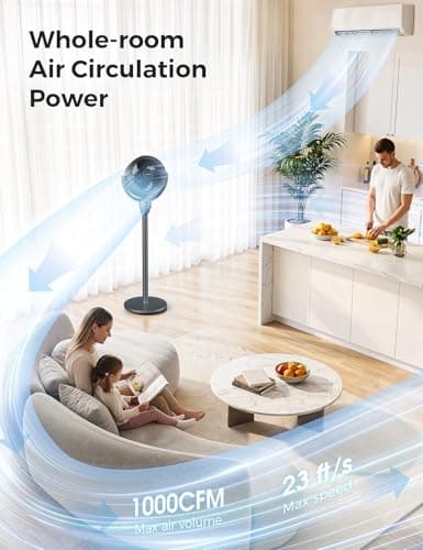 COWSAR Standing Fan for Bedroom, 20dB Quiet Floor Fan, 150°+120°Auto Oscillating Pedestal Fan with Remote, 6 Speeds 3 Modes, 7H Timer, DC Motor, 2 Heights, Air Circulator Fan, Grey - Thumbnail 2