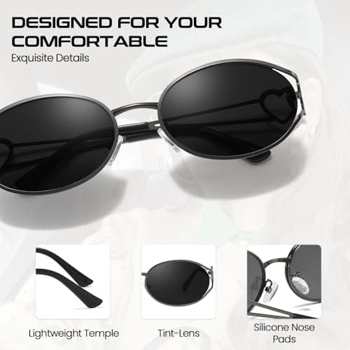 SODQW Retro Oval Sunglasses for Women Trendy Metal Frame Round Designer Sun Glasses with Heart Accents UV Protection - Thumbnail 3