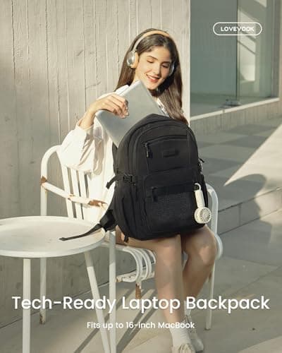 LOVEVOOK Laptop Backpack Women/Men with 40oz Cup Holder Buckle Strap, 15.6 Inch Tech-Ready Work Backpack, TSA-compliant for Travel & College with Versatile Mesh Pocket, Black - Thumbnail 6