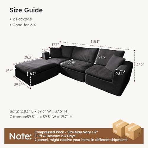 BERRY NEST 118" Oversized Modular Sectional Sofa, Cloud Couch with L-Shaped Chaise, Upholstered Deep Seat Boneless Sectional,Comfy Couch with Ottoman - Thumbnail 2
