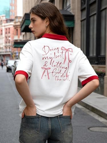Bow Oversized Polo Shirts Women Doing My Best and Letting God Do Tshirts Pink Bows Coquette Aesthetic Tees - Thumbnail 2