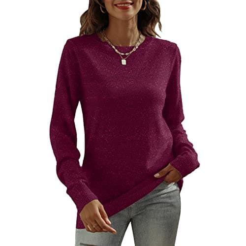 DUTUT Women's Long Sleeve Glitter Tops Crewneck Pullover Sweater Basic Casual Solid Color Tunic Tops Fall Soft Sweater Fuchsia - Image 1
