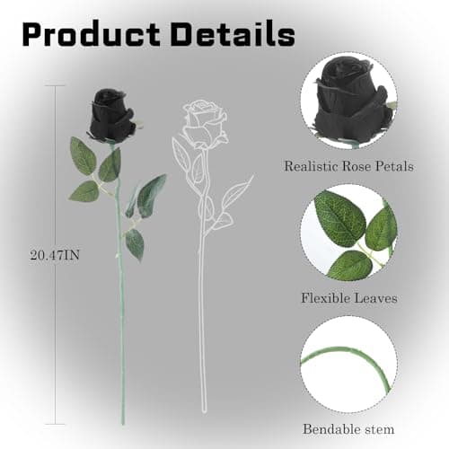 Wenhuidr 12pcs Black Roses Artificial Flowers – Realistic Silk Velvet Fake Rose with Long Stems for Valentines Day Wedding Bouquets Home Decoration Party Centrepieces & DIY Floral Arrangements - Thumbnail 3