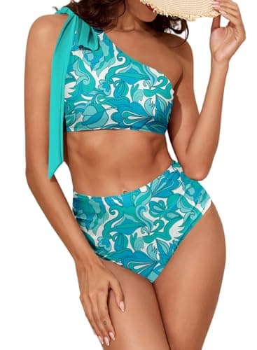 Herseas Women's Tummy Control Bikini Sets One Shoulder Two Piece Cute Tie Bow Bathing Suit Ruched Floral Print Plus Size Swim Suit Cut Out Back 2026 Resort Swimwear X-Large - Image 1