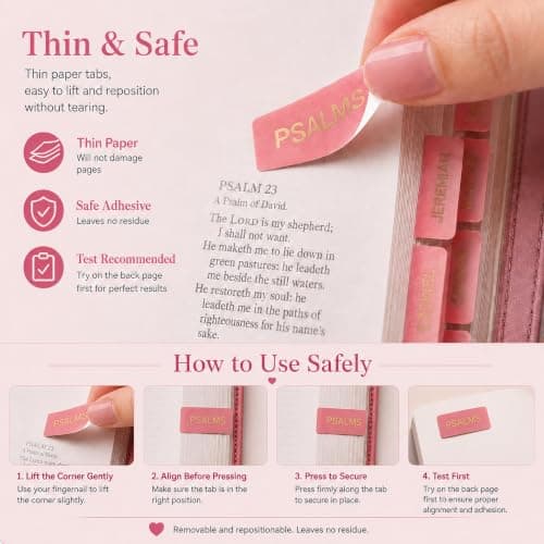 JIAANNING Pink Bible Tabs for Women, 90 Pcs Laminated Gold Foil Large Print Index Tabs, Easy Navigation Tabs for Bible Study & Journaling, Feminine Style - Thumbnail 6