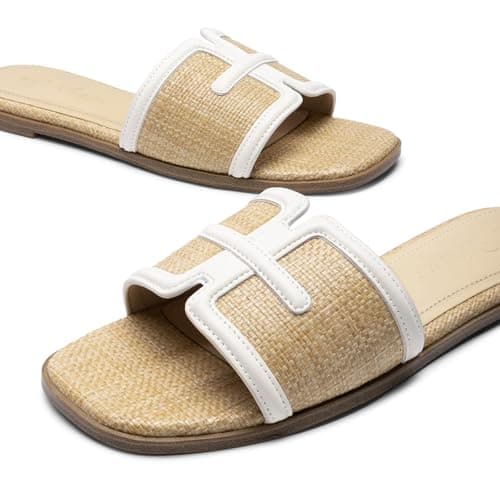 Athlefit Raffia Flat Sandals for Women Comfortable Square Open Toe Slip On Summer Beach Casual Slide Sandals Natural Size 6.5 - Thumbnail 6