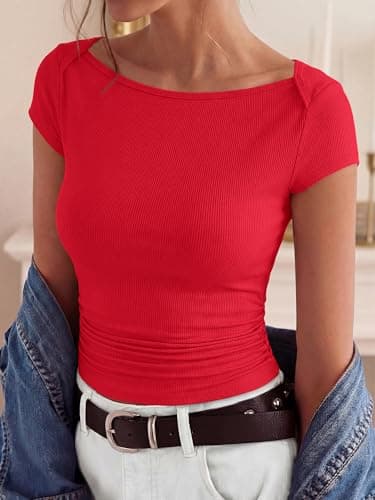 BTFBM Womens Summer Tops 2026 Ribbed T Shirts Crew Neck Short Sleeve Stretchy Ruched Slim Fit Workout Going Out Top(Red, XX-Large) - Thumbnail 6