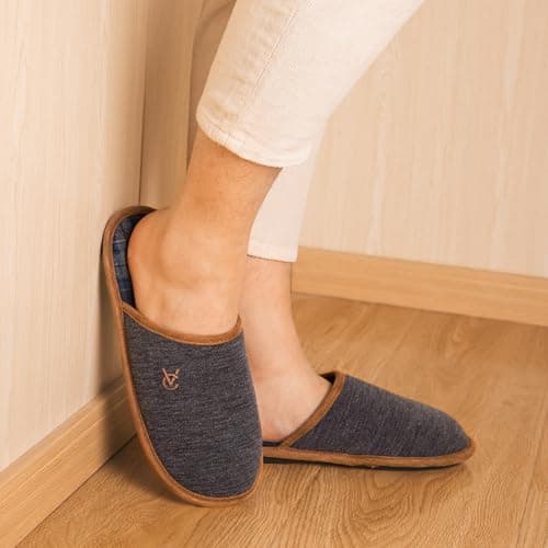 VeraCosy Men's Knitted Scottish Slippers with Soft Memory Foam Non Slip Indoor Rubber Sole Black,9-10 US - Thumbnail 3