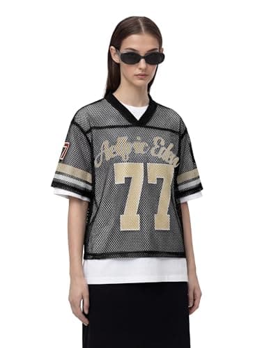 Aelfric Eden Cropped Jersey for Women Mesh Boxy Y2k Shirts V Neck Graphic Tees Football Number Streetwear T Shirt Tops Black - Thumbnail 2