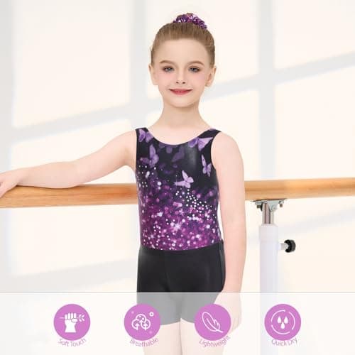 JiAmy Gymnastics Leotards for Girls, Sleeveless Sparkly Dance Biketards with Shorts Ballet Tumbling Outfit Sparkly Black Purple Butterfly 9-10 Years - Thumbnail 3