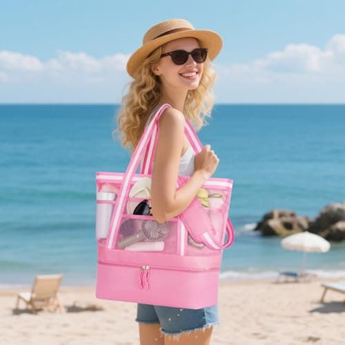 WOOMADA Beach Tote Bag With Cooler, Large Mesh Beach Bags for Women with Wet Pocket, Pool, Swim, Travel Essentials(Hot Pink White) - Thumbnail 3