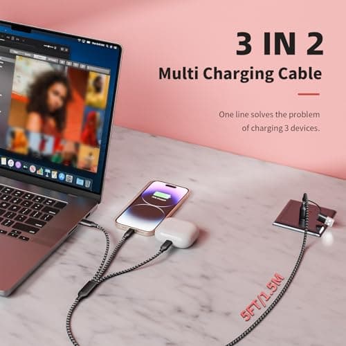 MPATIBY Multi Charging Cable 3 in 2, 1Pack 5FT USB C/A Multi Charger Cable to Type-C/IP Port, Nylon Braided USB C Multiple Charger Cord for All Devices, Universal Phone Charger Cord for Cell Phones - Thumbnail 4