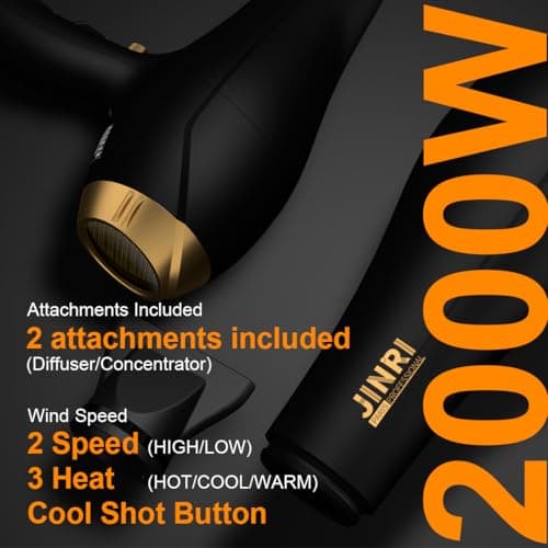 Hair Dryer - JINRI 2000W Diffuser Blow Dryer for Salon & Personal Use – Powerful, Fast Drying with Diffuser & Nozzle for Women & Men, ALCI Safety Plug, Black - Thumbnail 6