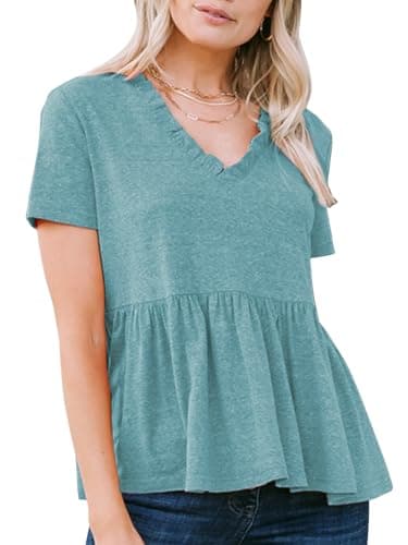 EXLURA Women's Summer Crop Babydoll Peplum Tops Cute V Neck Short Sleeve Business Casual Trendy T Shirts Beach Vacation 2026 Lake Blue - Image 1