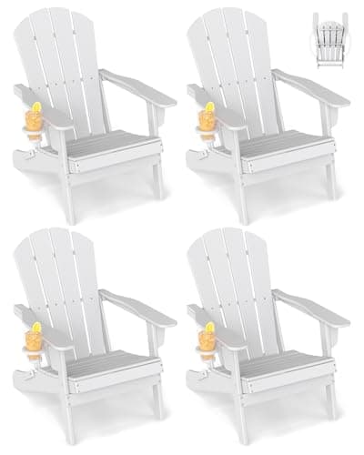 GREENVINES Folding-Adirondack-Chairs-Set-of-4 | w/Cup Holder | HDPE Plastic | All-Weather Patio Fire Pit Chairs | for Outdoor Poolside Deck | White - Image 1