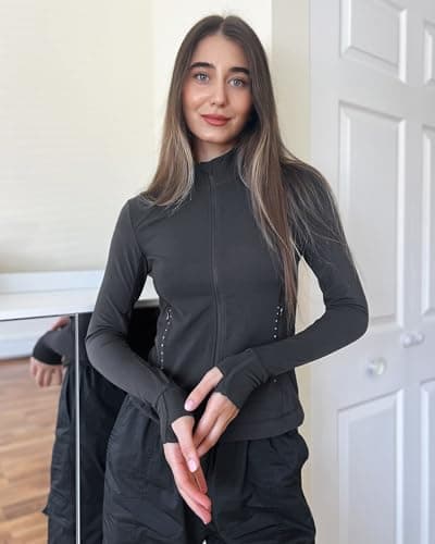 Stelle Women's Zip Up Jackets Lightweight Athletic Running Jacket Workout Slim Fit Yoga Track Clothes with Thumb Holes(Charcoal,M) - Thumbnail 2