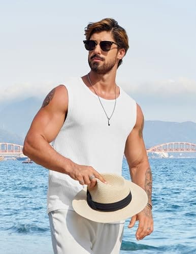 COOFANDY White Waffle Sleeveless Shirts for Men Summer Knitted Tank Top Lightweight Soft Tank Round Neck XL - Thumbnail 2