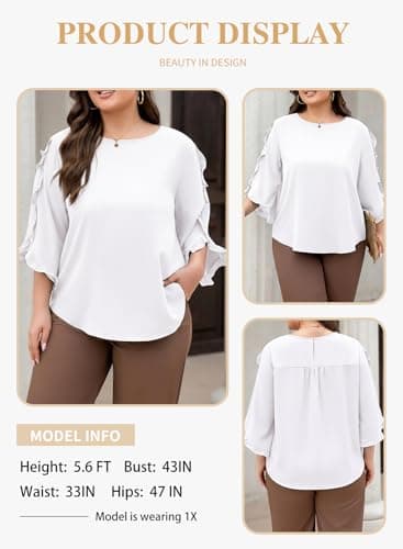Eytino Women Plus Size Tops Dressy Casual 3/4 Length Sleeve Blouses Crewneck Ruffle Sleeve Shirts Summer Outfits Business Work Tops,3X White - Thumbnail 3