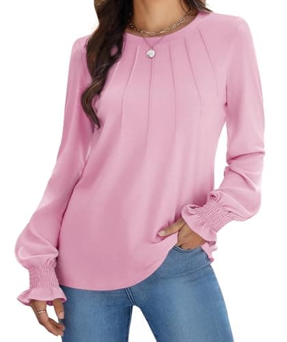 Funlingo Blouses for Women Dressy Casual Long Sleeve Cute Tunic Tops Spring Crew Neck Pleated Western Oversized Loose Fit Tshirts Shirts Pink M - Image 1