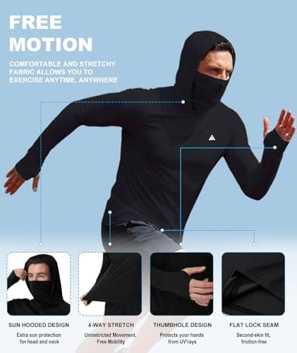 Fishing Shirts for Men with Hood UPF 50+ Sun Shirts Rash Guard Sun Hoodie Mens Long Sleeve UV Protection Shirt UV Shirt with Mask Black Large - Thumbnail 6