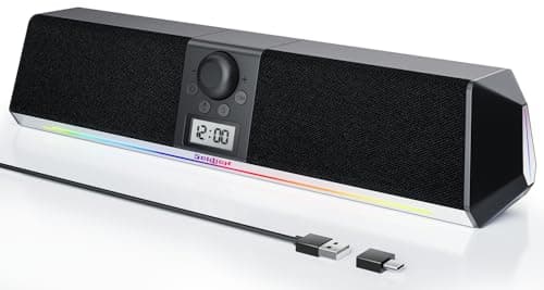 SOULION R80 Bluetooth Computer Speakers, USB Plug & Play PC Speakers with Digital Clock Display, Clear Sound Soundbar with Colorful LED Lights for Desktop Monitor Laptop (USB Adapter Included)