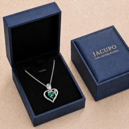 JACUPO Heart Birthstone Silver Necklace for Women(05 - Emerald) - Thumbnail 6
