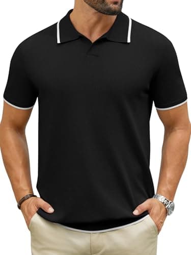 Hardaddy Men's Short Sleeve Knit Polo Shirts V Neck Color Block Lightweight Casual Collared Golf Shirt Black L - Image 1