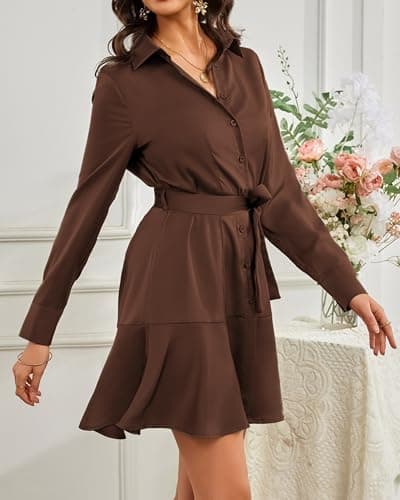 Women Long Sleeve Casual Satin Button Up Down Front Midi Belt Shift Collar Shirt Dress with Pocket Ladies Deep Dark Brown Chocolate Work Office Business Holiday Vocation Ruffle Hem Dresses - Thumbnail 4