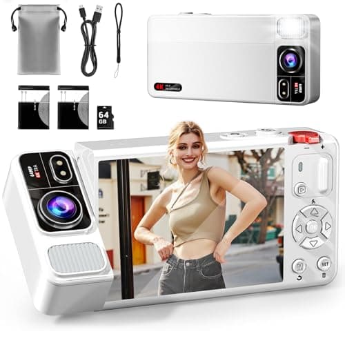 ZEOUPT Digital Camera, 4K 64MP Cameras for Photography, 270°Flip Screen Vlogging Camera, Autofocus, Flash, 18X Zoom, 2 Batteries, 64GB Card, Point and Shoot Digital Cameras for Kids Teens, White - Image 1